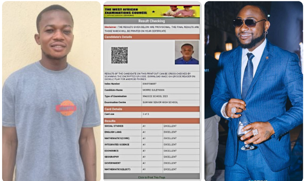  Davido offers Sunyani SHS student who got 8As scholarship to his father’s university